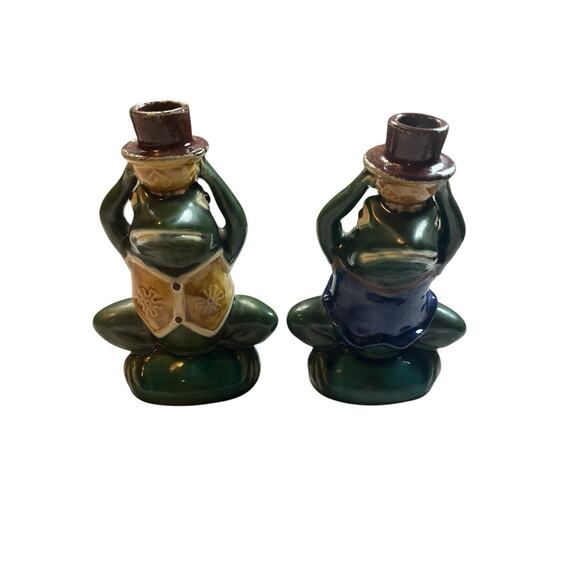 Frog Ceramic Candle Stick Figurines Set 2 Boy Girl Glazed Vintage - Picture 2 of 11
